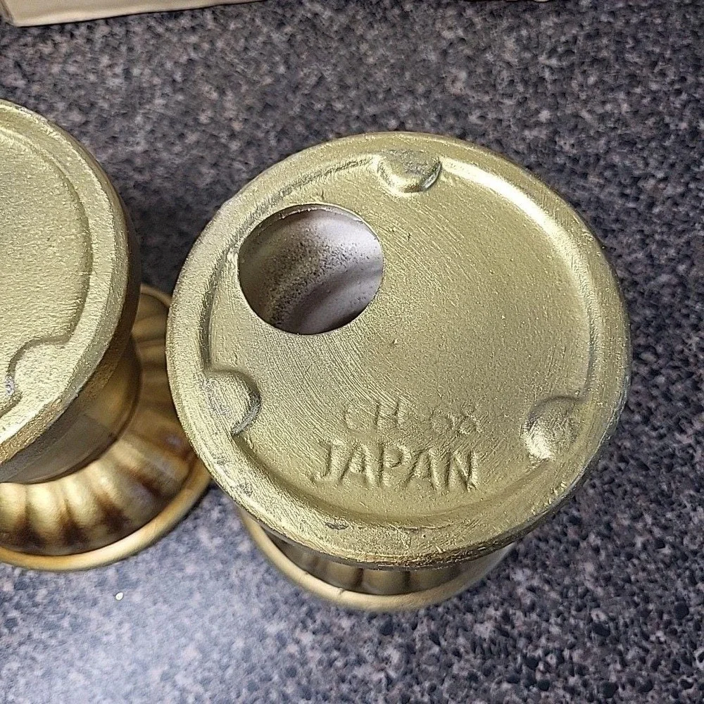 VINTAGE Japan Ceramic Gold 3 Sized Candle Holders Mid Century Modern w/ Box (2)